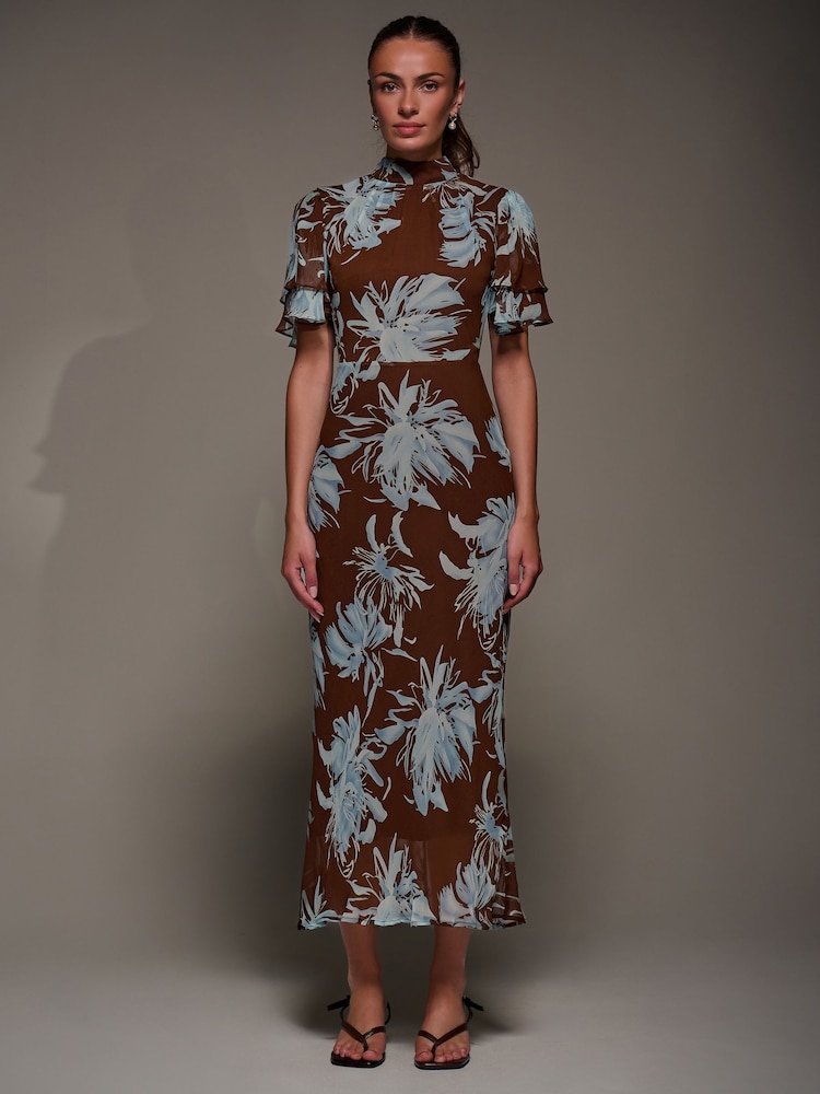 Jolie Moi Brown High Neck Angel Sleeve Chiffon Maxi Dress - Image 1 of 6