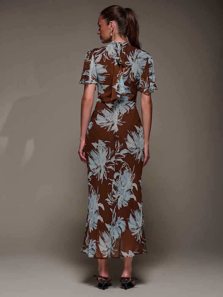 Jolie Moi Brown High Neck Angel Sleeve Chiffon Maxi Dress - Image 2 of 6 Jolie Moi Brown High Neck Angel Sleeve Chiffon Maxi Dress - Image 2 of 6