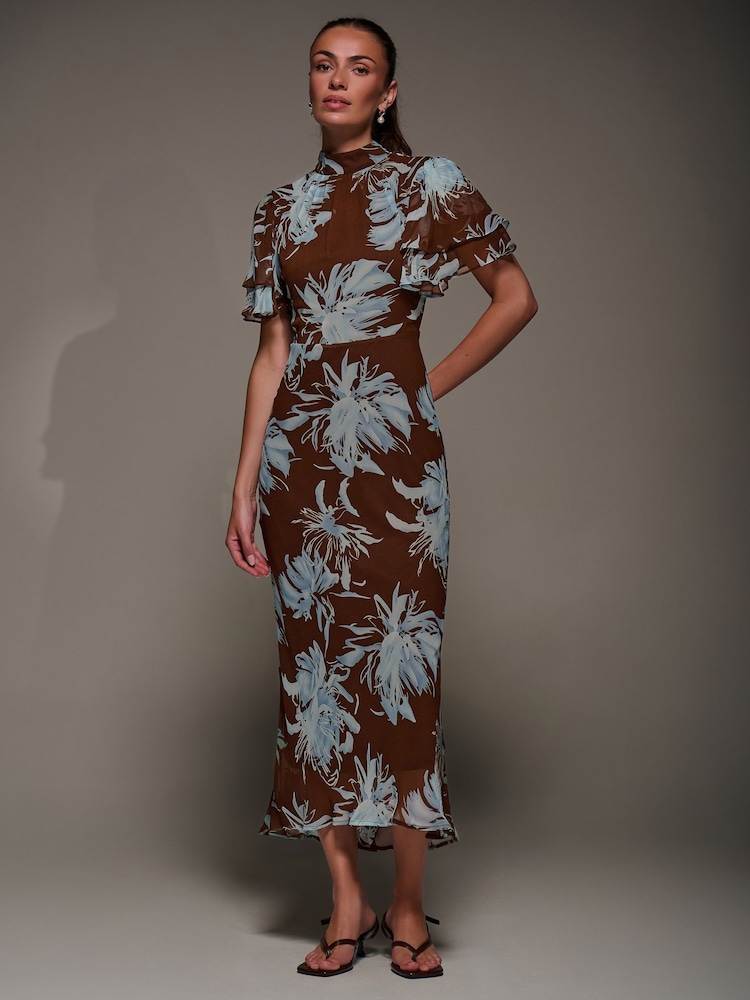 Jolie Moi Brown High Neck Angel Sleeve Chiffon Maxi Dress - Image 6 of 6
