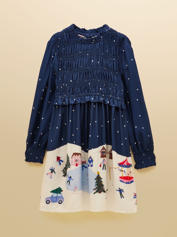 Joules Girls' Ellington Navy Blue Long Sleeve Shirred Dress - Image 1 of 5 Joules Girls' Ellington Navy Blue Long Sleeve Shirred Dress - Image 1 of 5