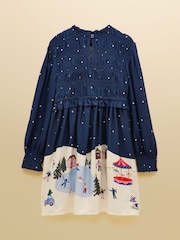 Joules Girls' Ellington Navy Blue Long Sleeve Shirred Dress - Image 2 of 5