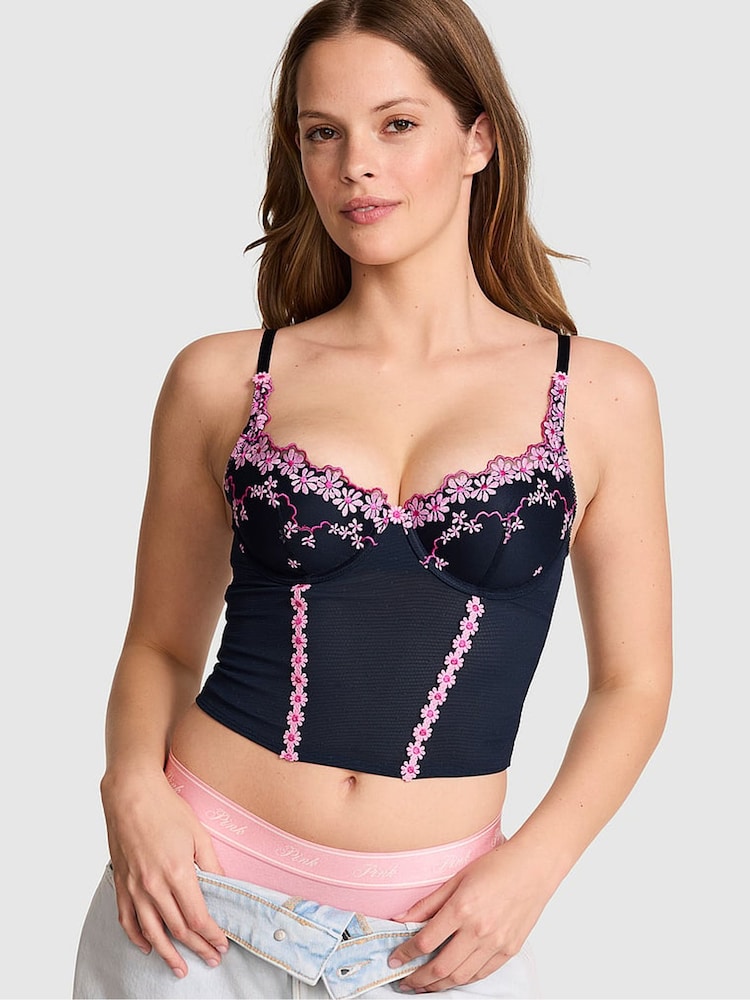 Victoria's Secret Pink Noir Navy Blue Daisy Embroidery Corset - Image 1 of 3