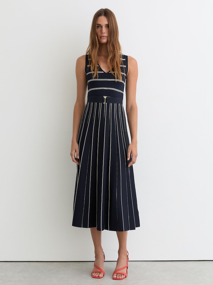 Reiss Navy/Ivory Mallory Sleeveless Stripe Knitted Midi Dress - Image 1 of 7