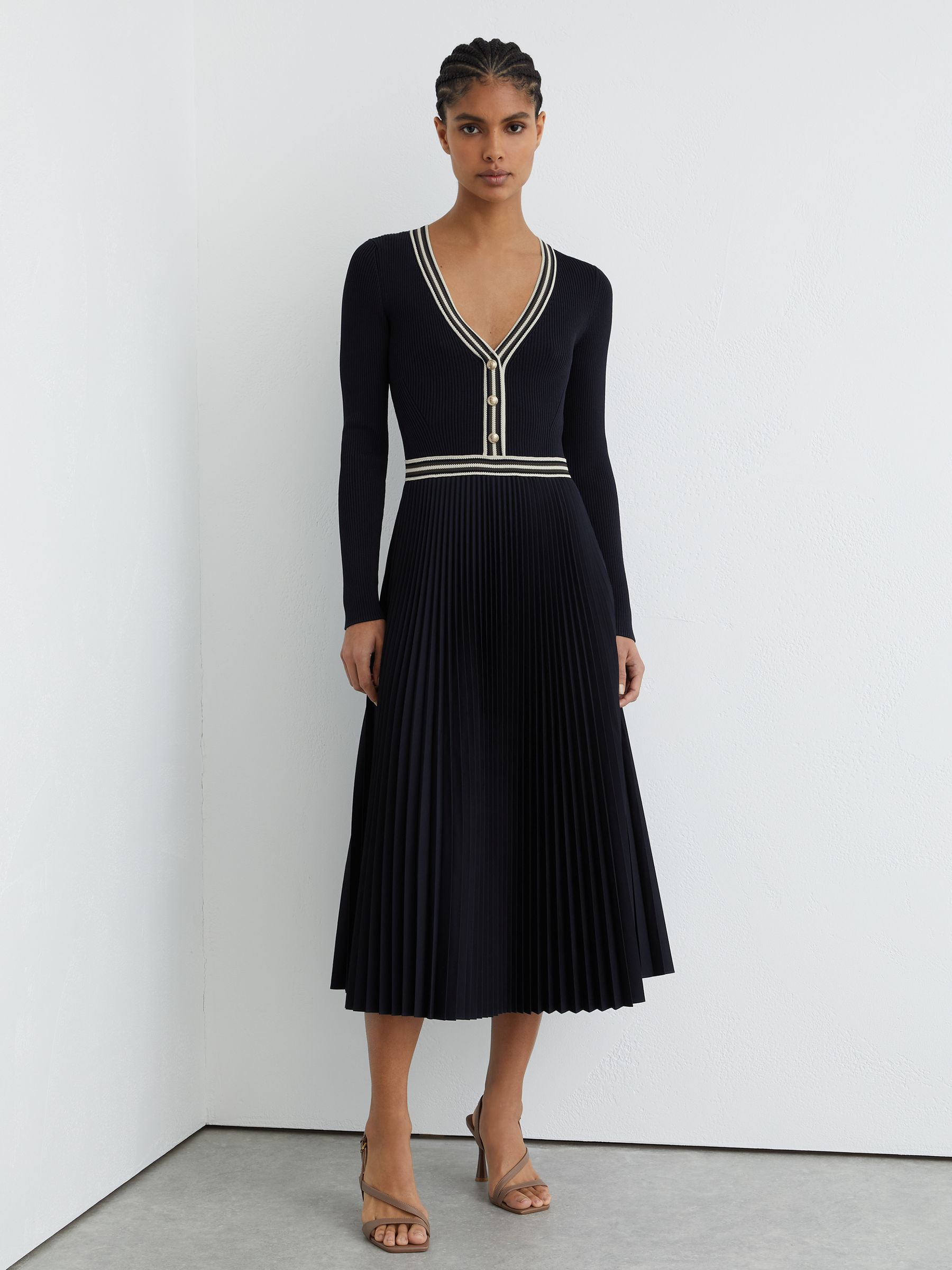 Buy Reiss Navy Gaia Rib-Knit Stripe-Trim Pleated Midi Dress from