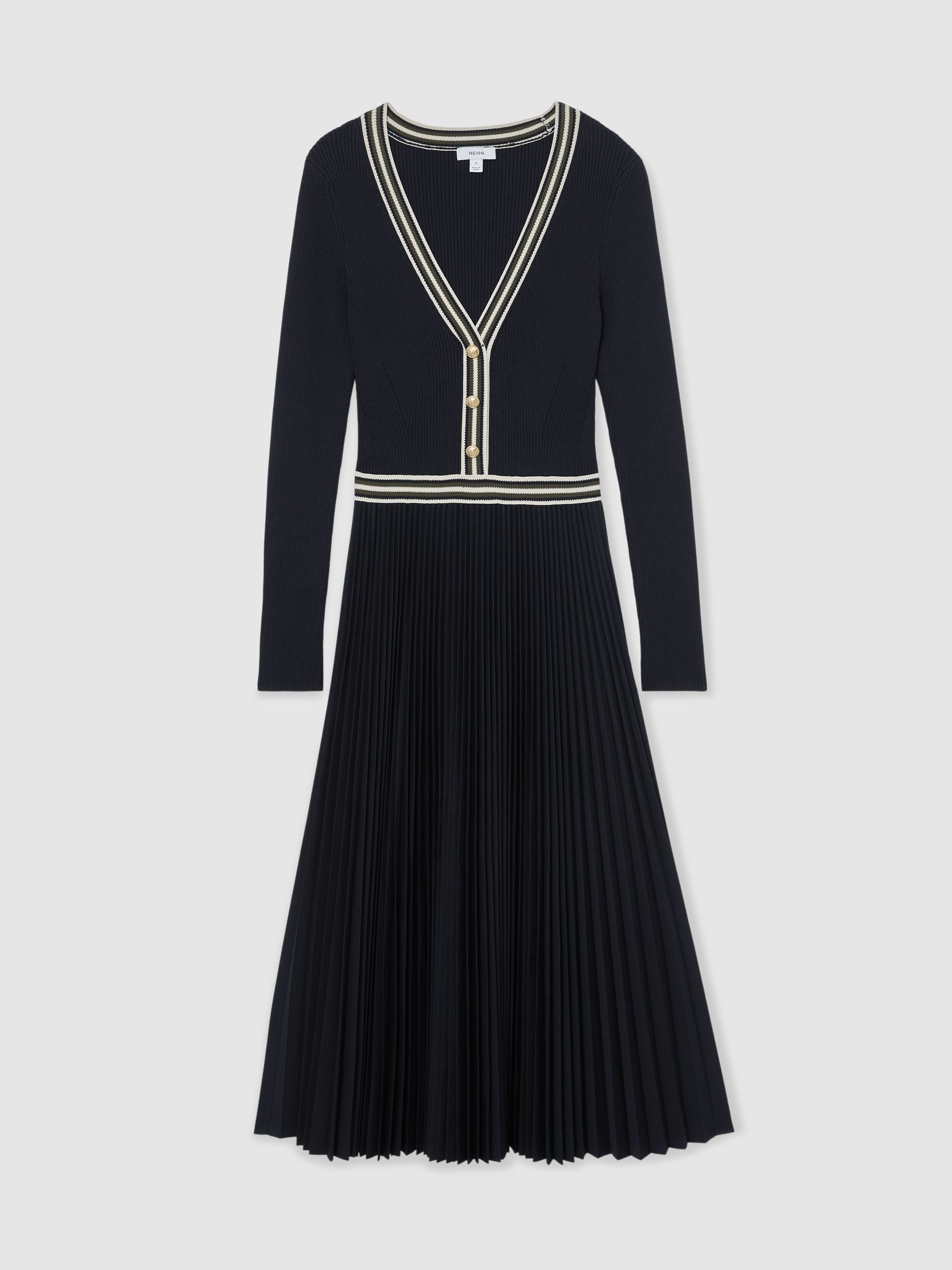 Buy Reiss Navy Gaia Rib-Knit Stripe-Trim Pleated Midi Dress from