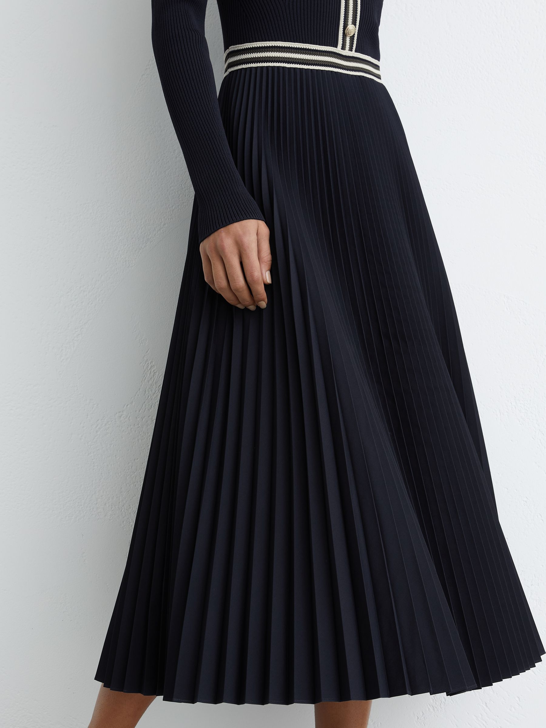 Buy Reiss Navy Gaia Rib-Knit Stripe-Trim Pleated Midi Dress from