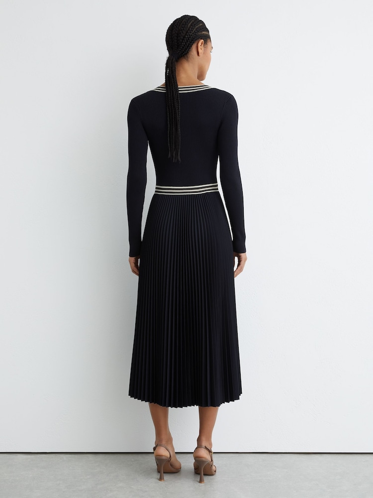 Reiss - Navy Rib-knit Stripe-trim Pleated Midi Dress, M Reiss - Navy Rib-knit Stripe-trim Pleated Midi Dress, M