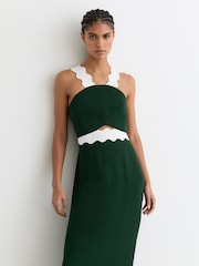 Reiss Dark Green/Ivory Dillon Contrast Wave-Trim Fitted Midi Dress - Image 1 of 6