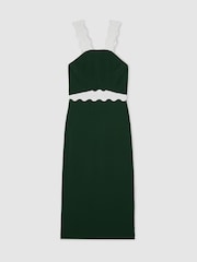 Reiss Dark Green/Ivory Dillon Contrast Wave-Trim Fitted Midi Dress - Image 2 of 6