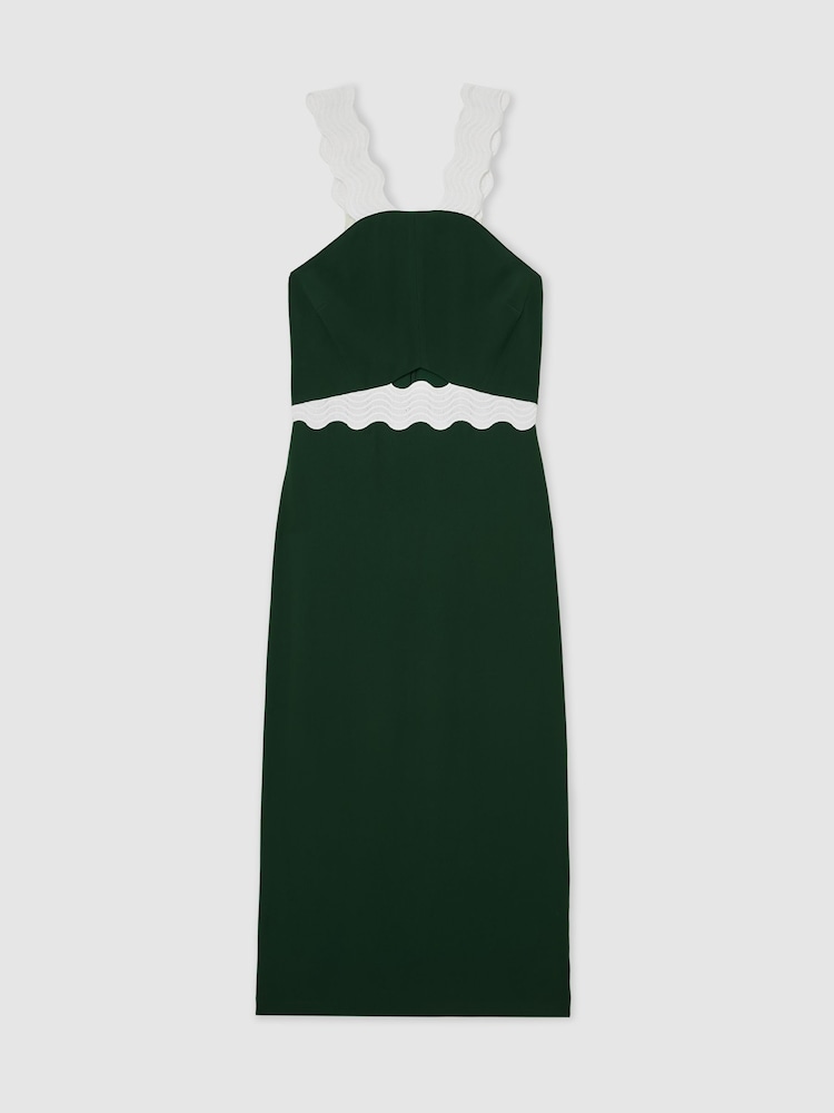 Reiss Dark Green/Ivory Dillon Contrast Wave-Trim Fitted Midi Dress - Image 2 of 6 Reiss Dark Green/Ivory Dillon Contrast Wave-Trim Fitted Midi Dress - Image 2 of 6