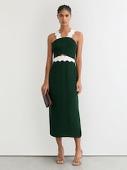 Reiss Dark Green/Ivory Dillon Contrast Wave-Trim Fitted Midi Dress - Image 3 of 6