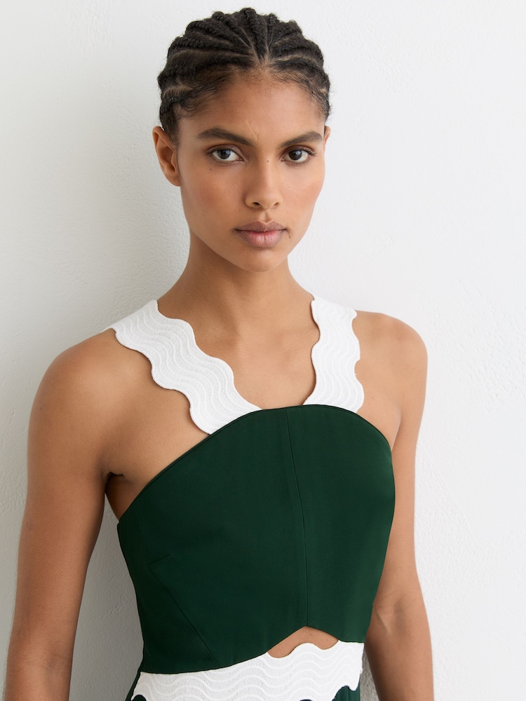 Reiss - Dark Green/ivory Contrast Wave-trim Fitted Midi Dress, 14 Reiss - Dark Green/ivory Contrast Wave-trim Fitted Midi Dress, 14