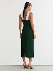 Reiss Dark Green/Ivory Dillon Contrast Wave-Trim Fitted Midi Dress - Image 5 of 6