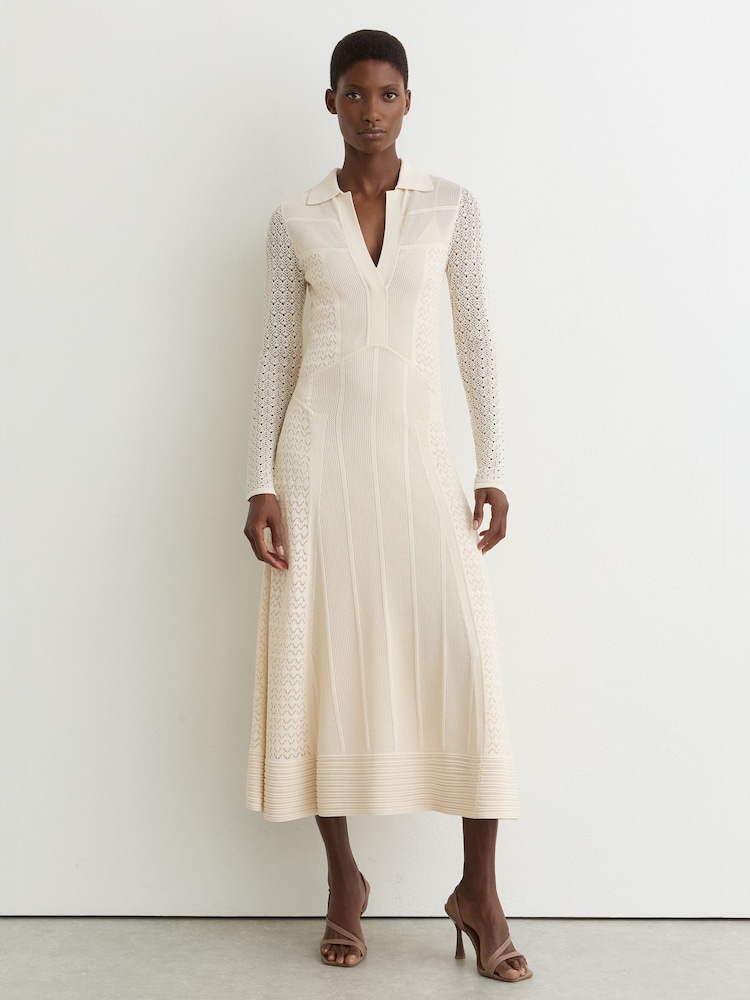 Reiss Cream Lindy Pointelle-Knit Panelled Midi Dress - Image 1 of 7