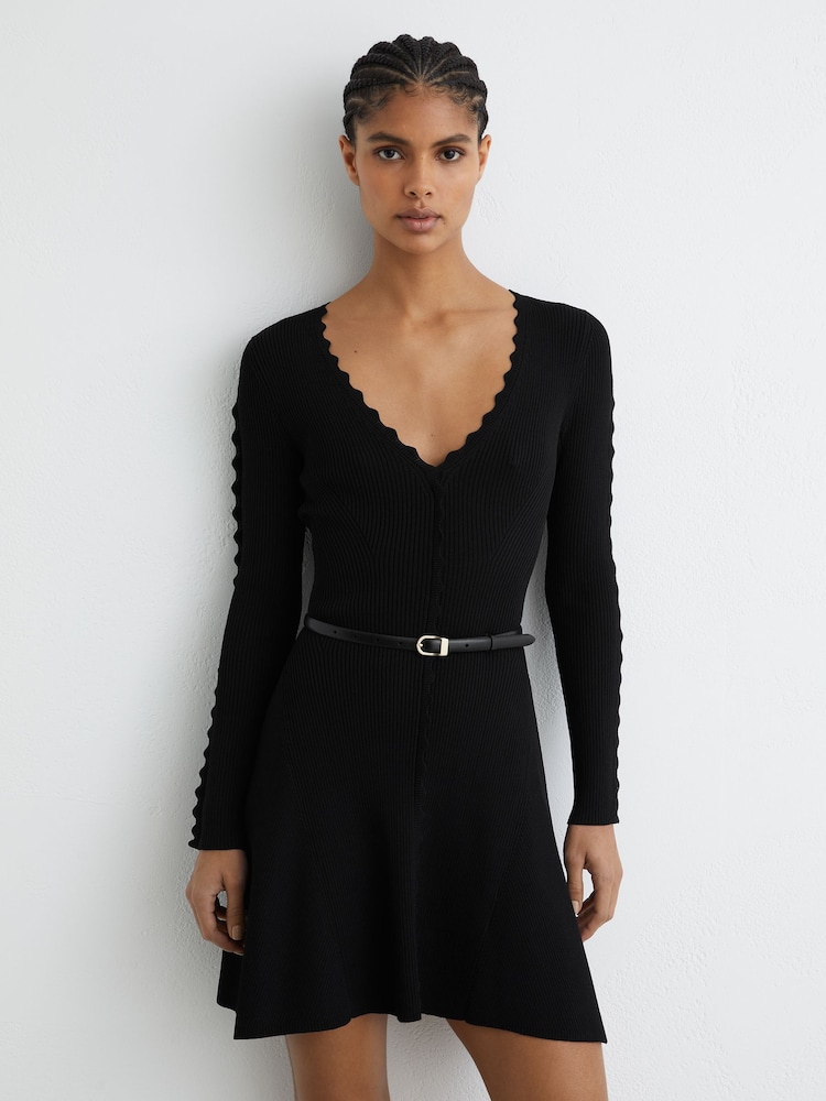 Reiss Black Orla Scallop-Trim Knitted Mini Dress - Image 1 of 6 Reiss Black Orla Scallop-Trim Knitted Mini Dress - Image 1 of 6