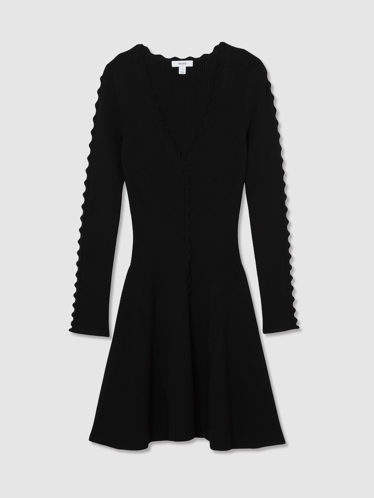 Reiss Black Orla Scallop-Trim Knitted Mini Dress - Image 2 of 6 Reiss Black Orla Scallop-Trim Knitted Mini Dress - Image 2 of 6