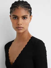 Reiss Black Orla Scallop-Trim Knitted Mini Dress - Image 4 of 6