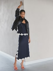 Reiss Navy Doa Satin Floral-Lace Trim Midi Skirt - Image 1 of 8