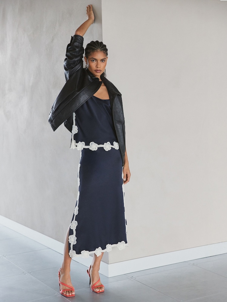 Reiss Navy Doa Satin Floral-Lace Trim Midi Skirt - Image 1 of 8