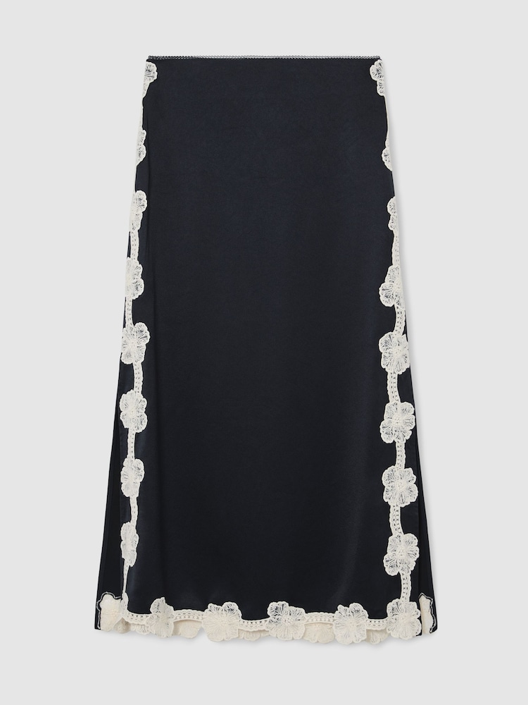 Reiss Navy Doa Satin Floral-Lace Trim Midi Skirt - Image 2 of 8