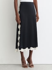 Reiss Navy Doa Satin Floral-Lace Trim Midi Skirt - Image 5 of 8