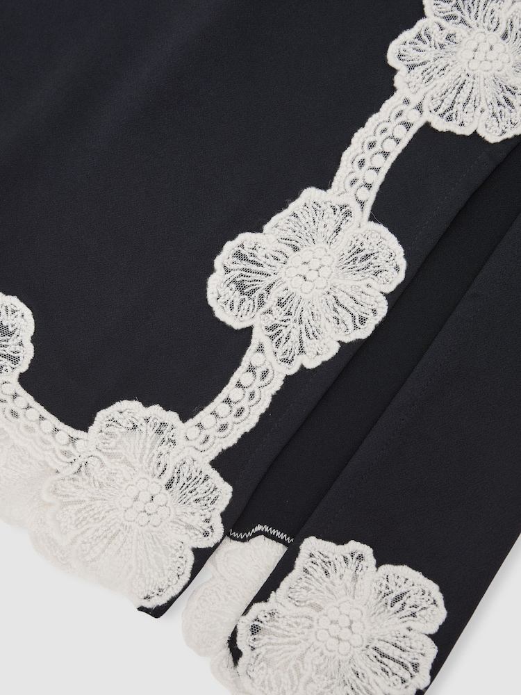 Reiss Navy Doa Satin Floral-Lace Trim Midi Skirt - Image 8 of 8