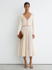 Reiss Pale Yellow Gaia Rib-Knit Stripe-Trim Pleated Midi Dress - Image 1 of 6