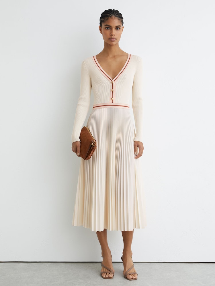 Reiss Pale Yellow Gaia Rib-Knit Stripe-Trim Pleated Midi Dress - Image 1 of 6