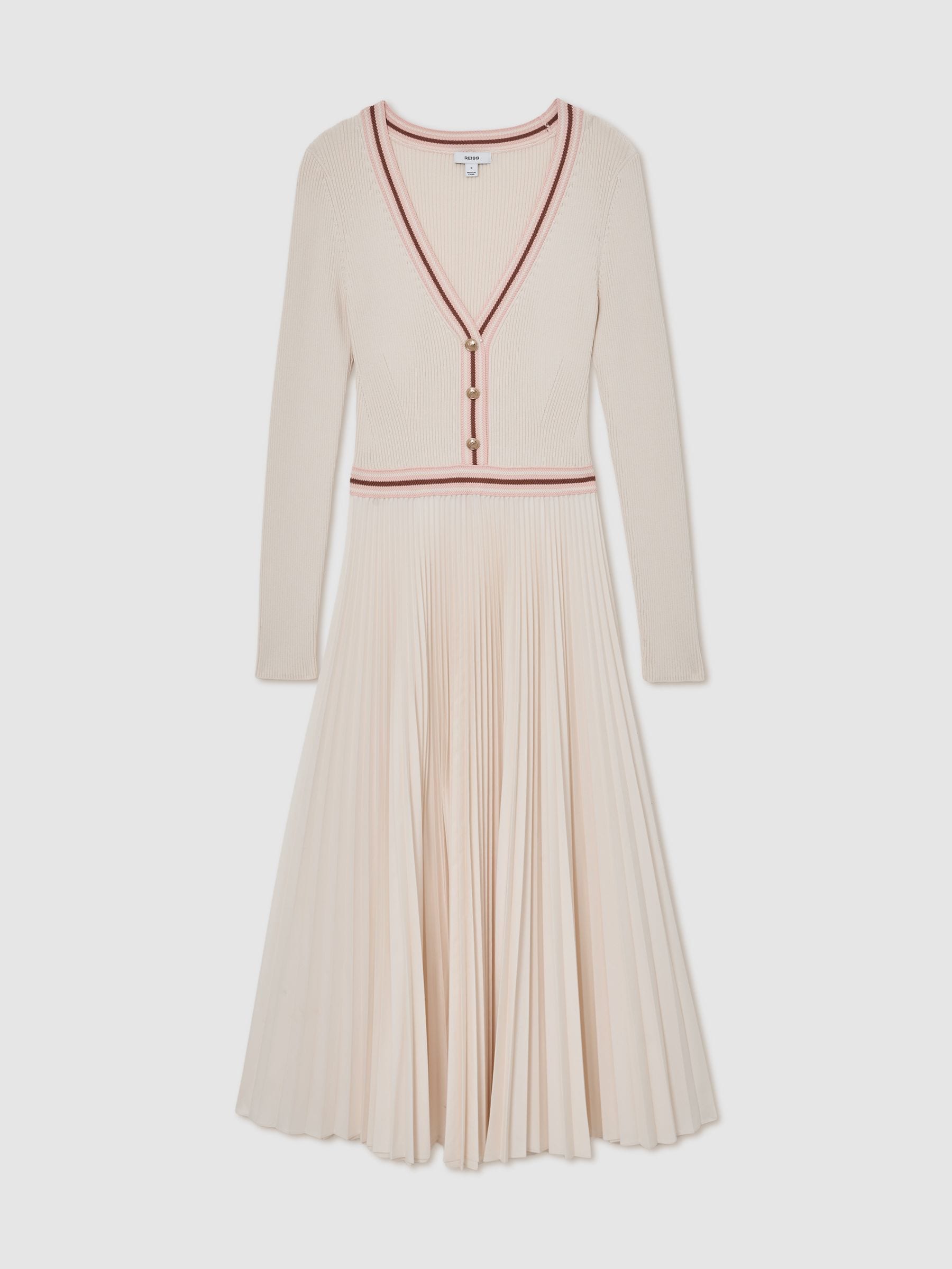 Buy Reiss Pale Yellow Gaia Rib-Knit Stripe-Trim Pleated Midi Dress