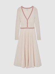 Reiss Pale Yellow Gaia Rib-Knit Stripe-Trim Pleated Midi Dress - Image 2 of 6