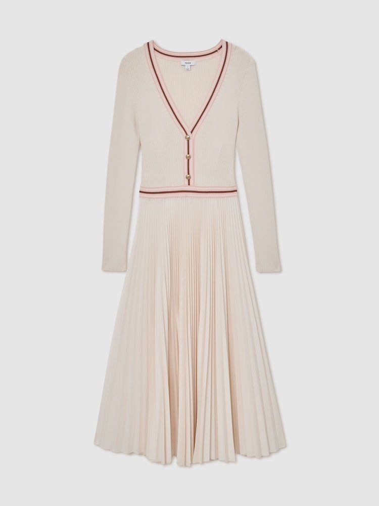 Reiss Pale Yellow Gaia Rib-Knit Stripe-Trim Pleated Midi Dress - Image 2 of 6