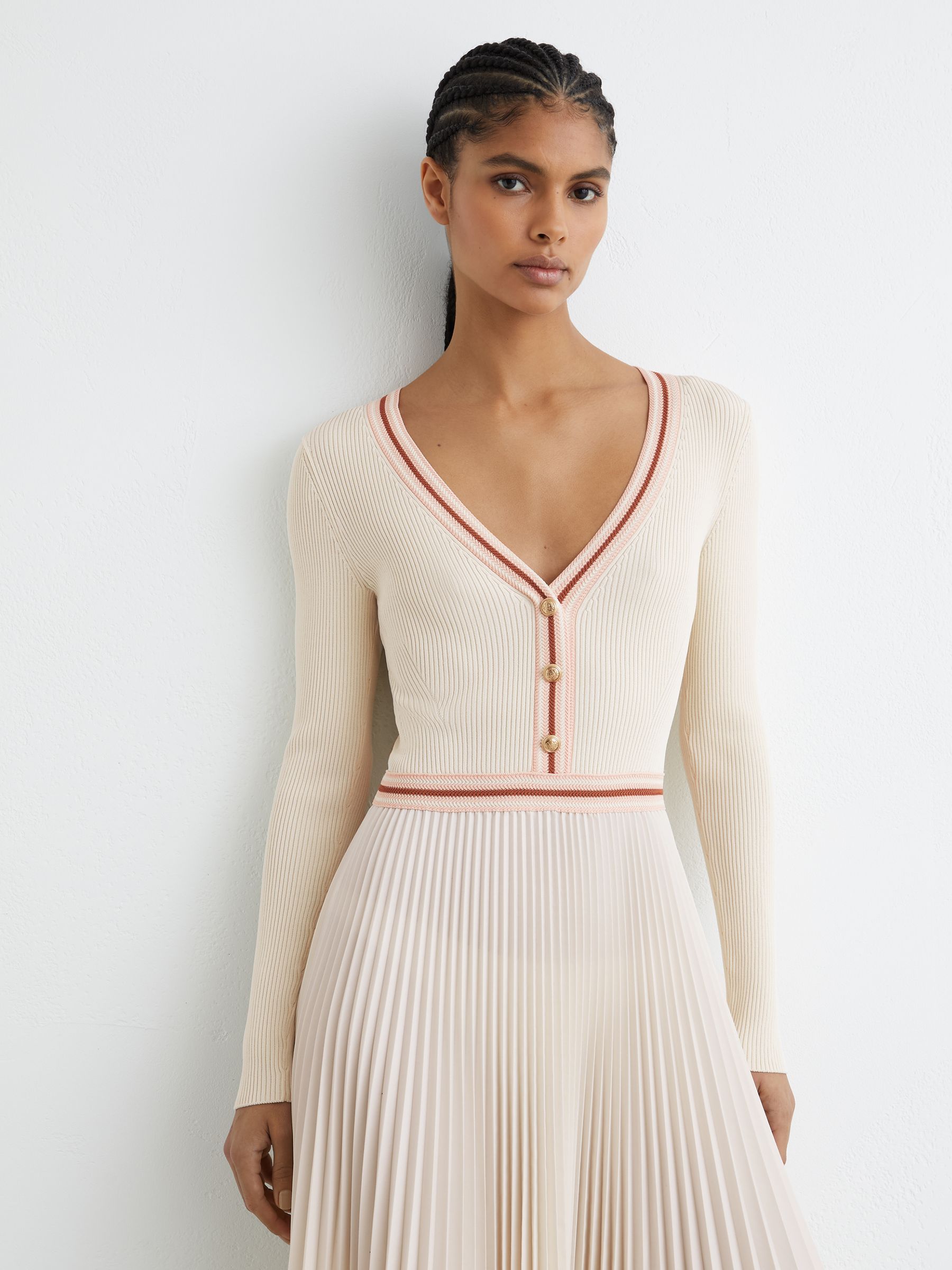 Buy Reiss Pale Yellow Gaia Rib-Knit Stripe-Trim Pleated Midi Dress
