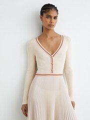 Reiss Pale Yellow Gaia Rib-Knit Stripe-Trim Pleated Midi Dress - Image 3 of 6
