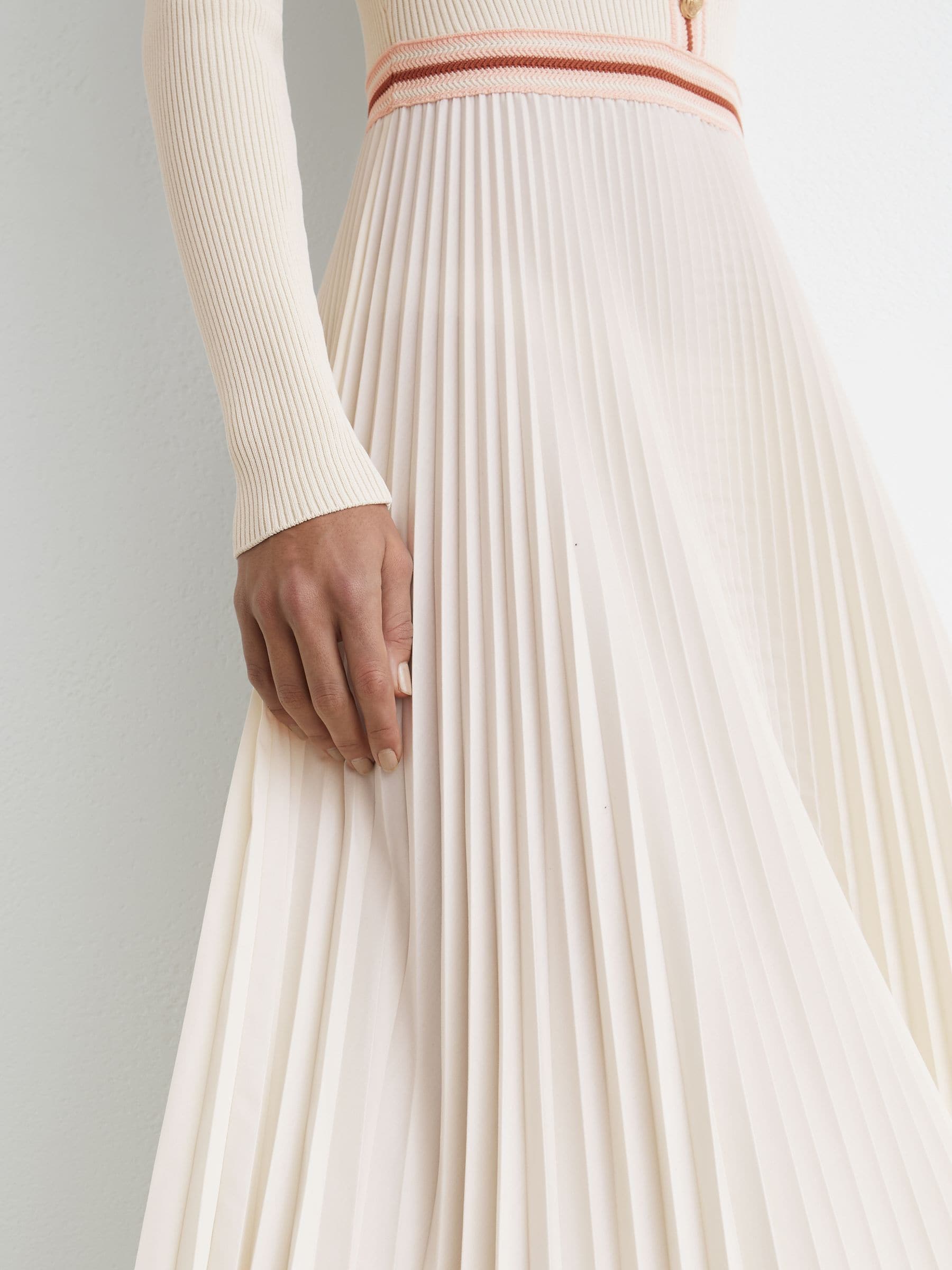 Buy Reiss Pale Yellow Gaia Rib-Knit Stripe-Trim Pleated Midi Dress