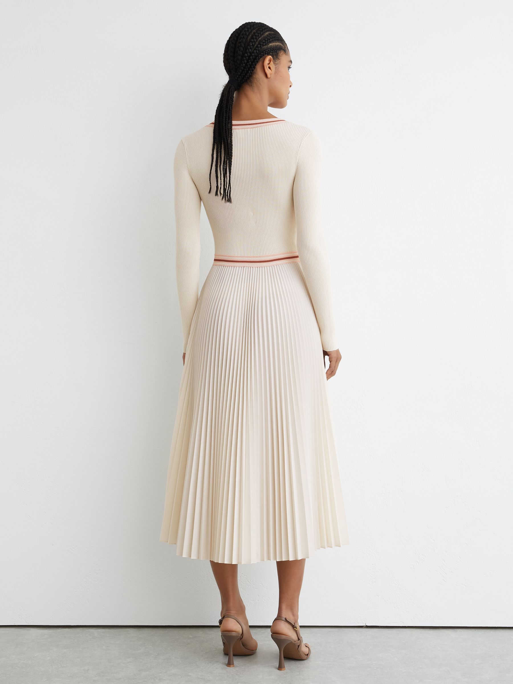 Buy Reiss Pale Yellow Gaia Rib-Knit Stripe-Trim Pleated Midi Dress