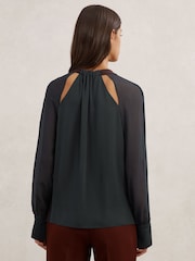 Reiss Navy/Burgundy Jasmine Tie-Neck Cut-Out Blouse - Image 6 of 7