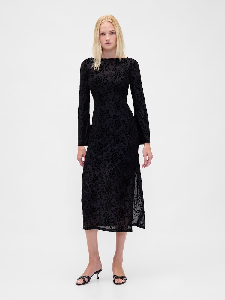 Gap Black Burnout Velvet Bell-Sleeve Midi Dress - Image 1 of 4