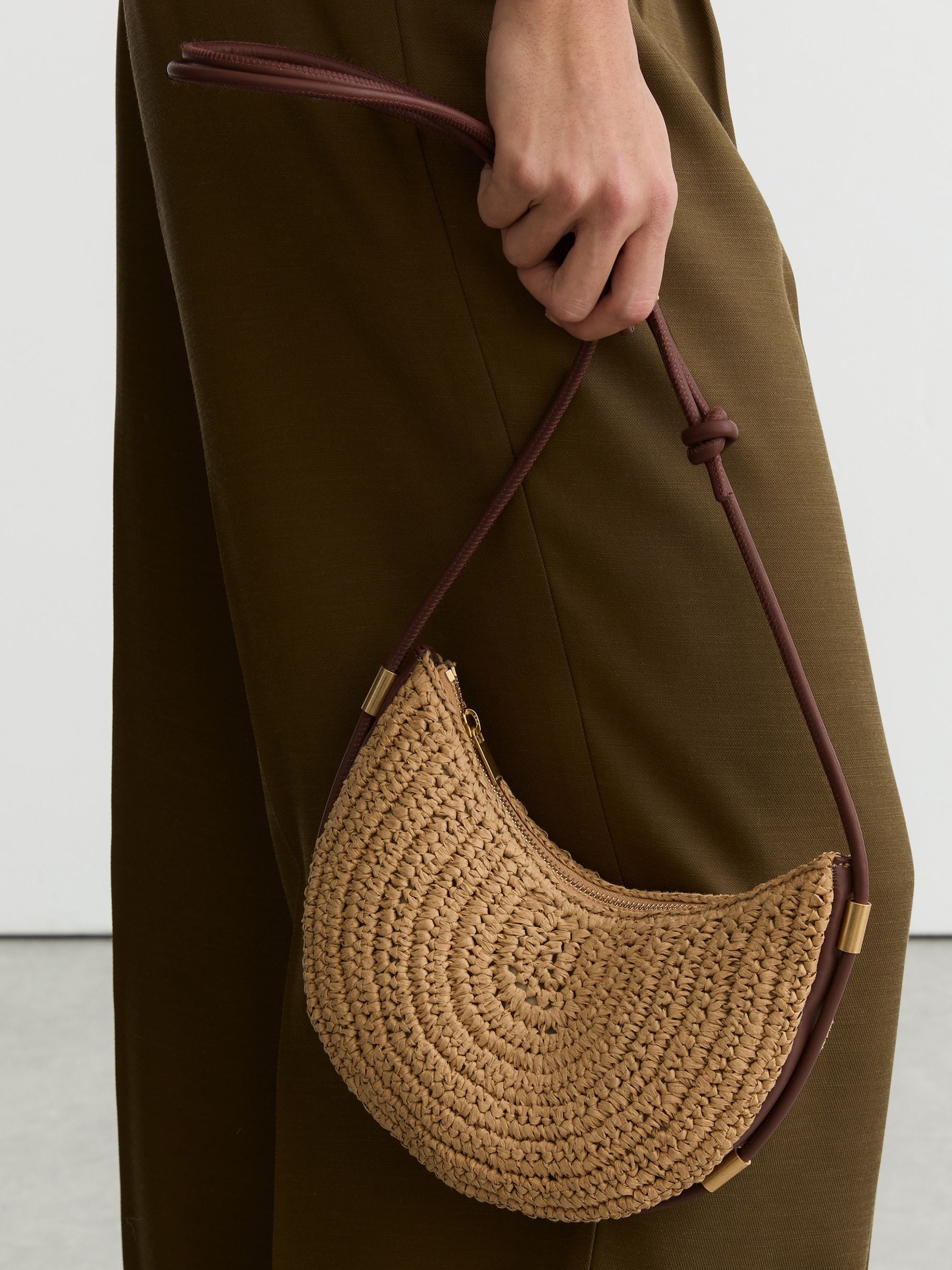 Buy Reiss Natural Harriet Raffia-Effect Half-Moon Shoulder Bag