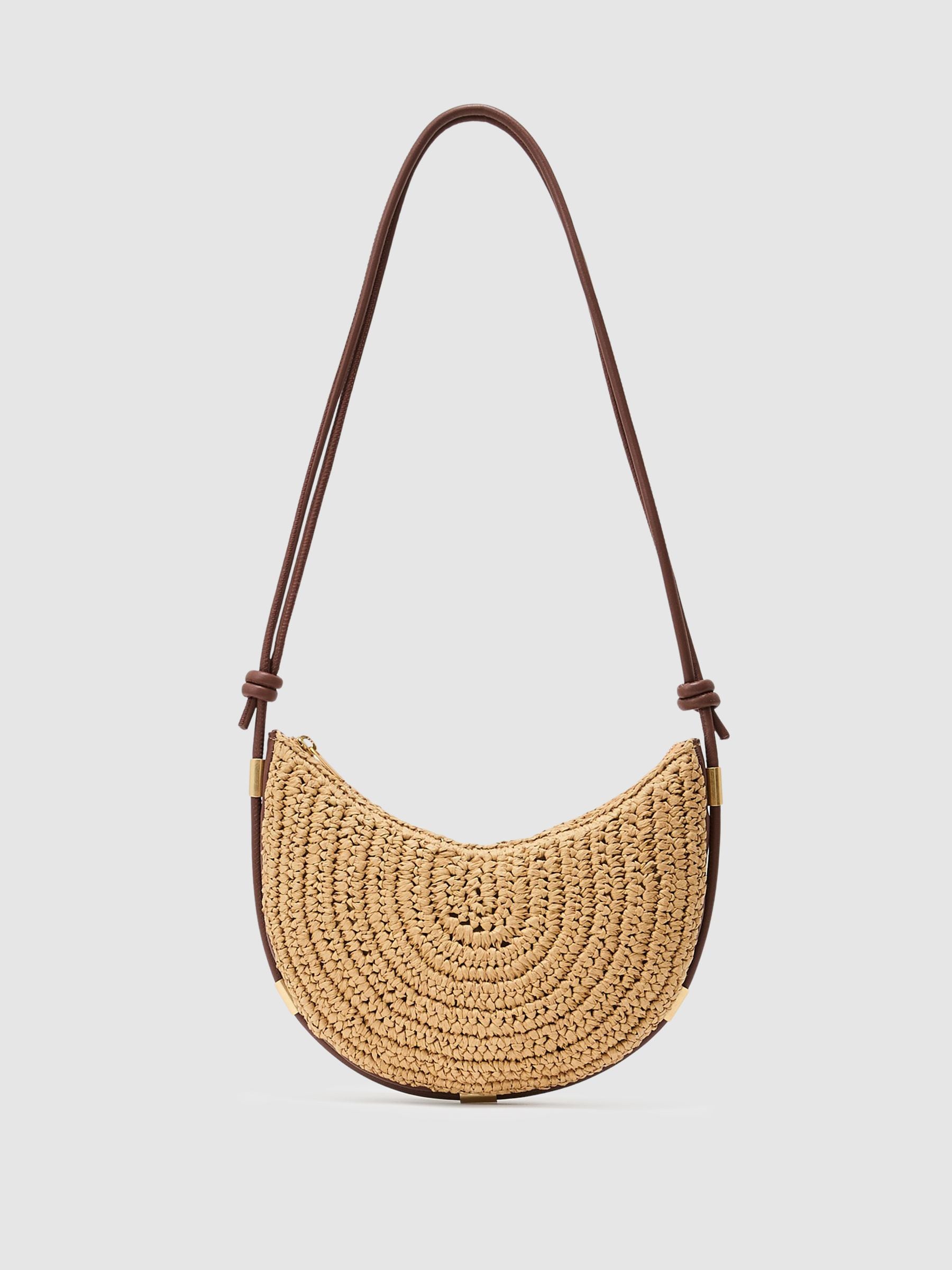 Buy Reiss Natural Harriet Raffia-Effect Half-Moon Shoulder Bag