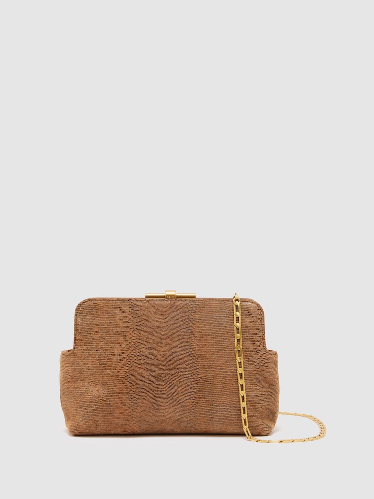 Reiss Tan Bethany Suede Lizard-Effect Frame Clutch Bag - Image 2 of 7