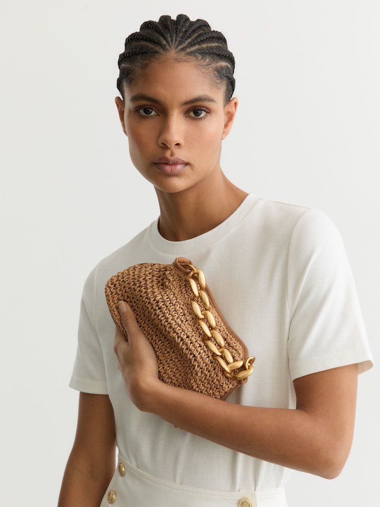 Reiss Natural Peony Raffia-Effect Chain Grab Bag - Image 1 of 6