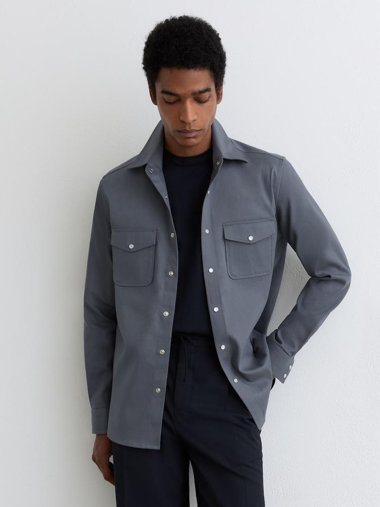 Reiss Airforce Blue Mcrae Twin-Pocket Overshirt with Stretch - Image 1 of 7