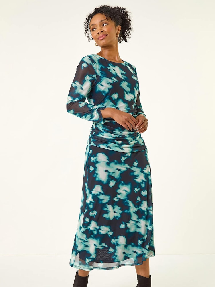 Roman Blue Petite Print Mesh Ruched Midi Dress - Image 1 of 5 Roman Blue Petite Print Mesh Ruched Midi Dress - Image 1 of 5