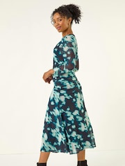 Roman Blue Petite Print Mesh Ruched Midi Dress - Image 3 of 5