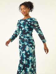 Roman Blue Petite Print Mesh Ruched Midi Dress - Image 4 of 5