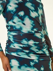 Roman Blue Petite Print Mesh Ruched Midi Dress - Image 5 of 5