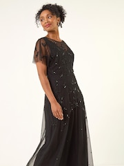 Roman Black Petite Embroidered Mesh Layered Dress - Image 2 of 5