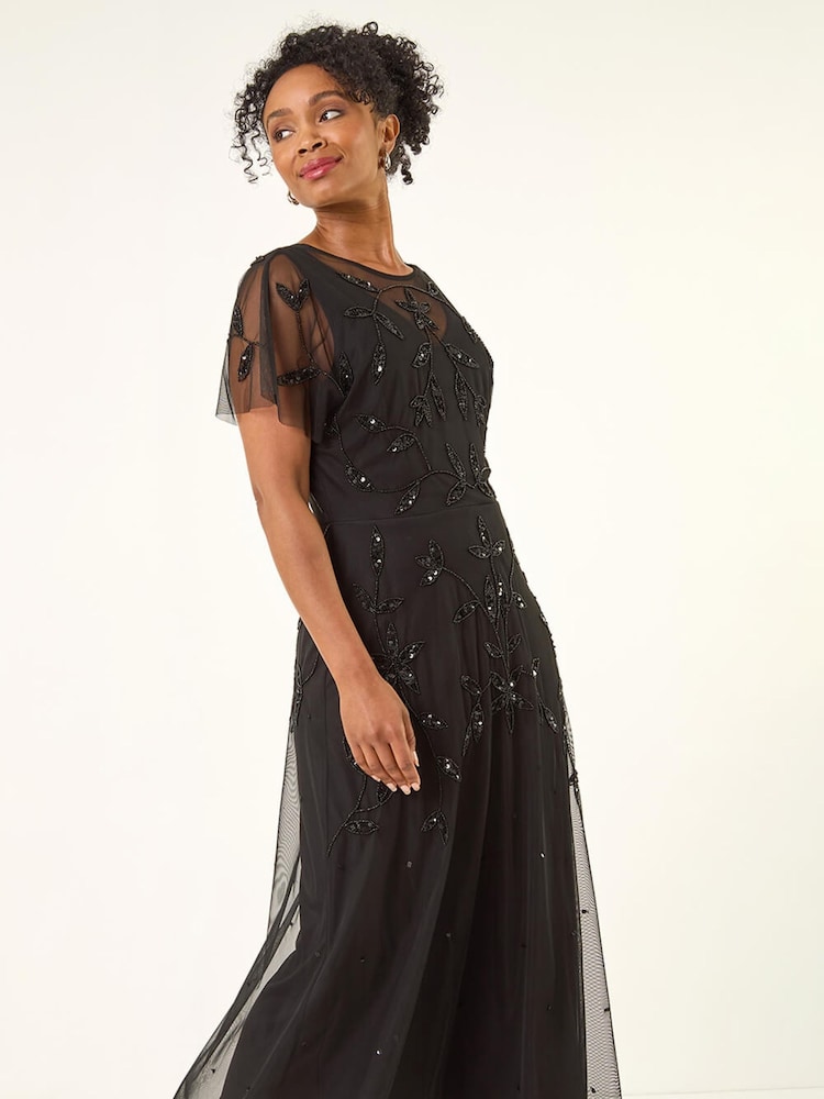 Roman Black Petite Embroidered Mesh Layered Dress - Image 2 of 5 Roman Black Petite Embroidered Mesh Layered Dress - Image 2 of 5