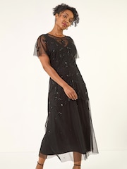 Roman Black Petite Embroidered Mesh Layered Dress - Image 4 of 5
