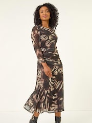Roman Black Petite Animal Print Mesh Ruched Midi Dress - Image 2 of 5